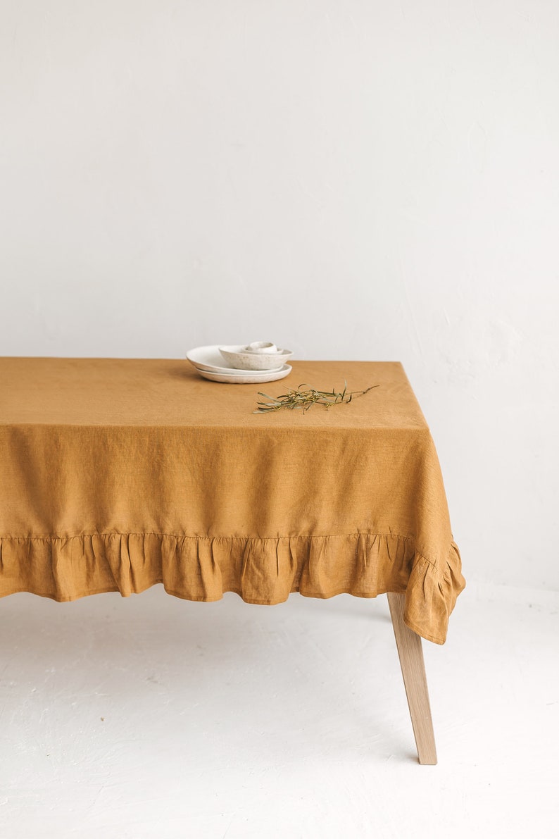 Amber Linen Tablecloth With Ruffle, Ruffled Linen Table Cloth for Wedding,Custom Size Linen Table Cover,Extra Large Linen Ruffle Tablecloth image 1
