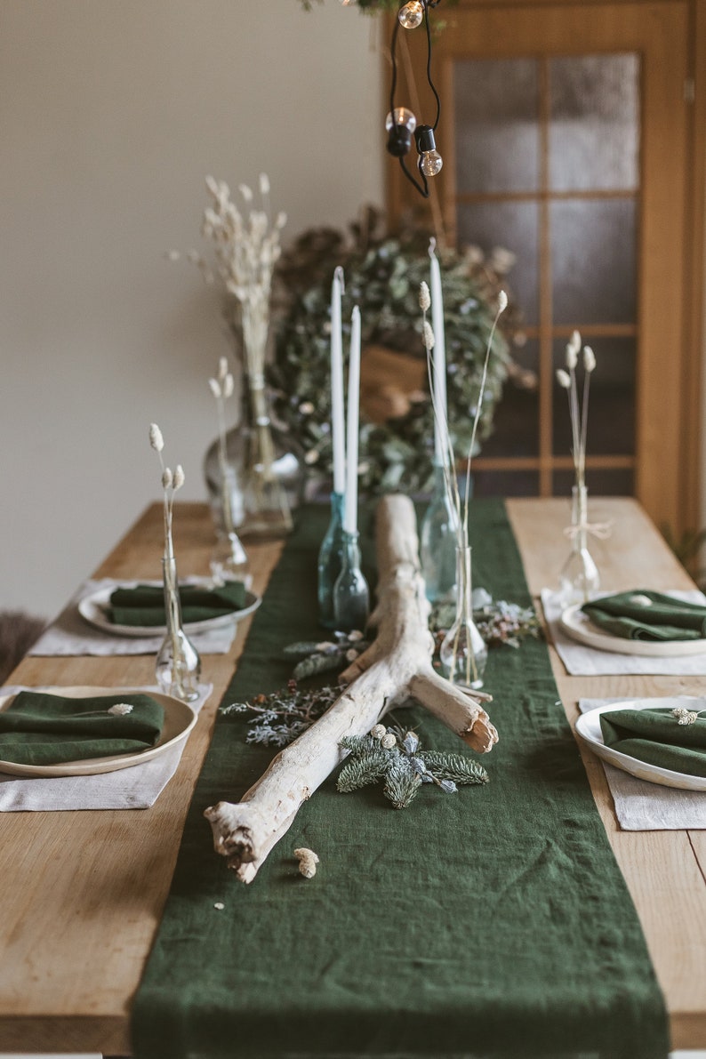 Soft Linen Table Runner,Natural Linen Table Decor,Stone Washed Table Runners,Dark Green Table Linens,Flax,Softened Table Runner,Linen Gift image 1