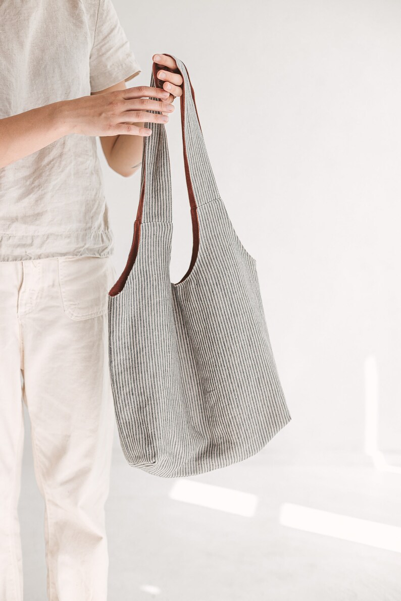 Reversible Linen Tote Bag / Linen Shopping Bag image 6