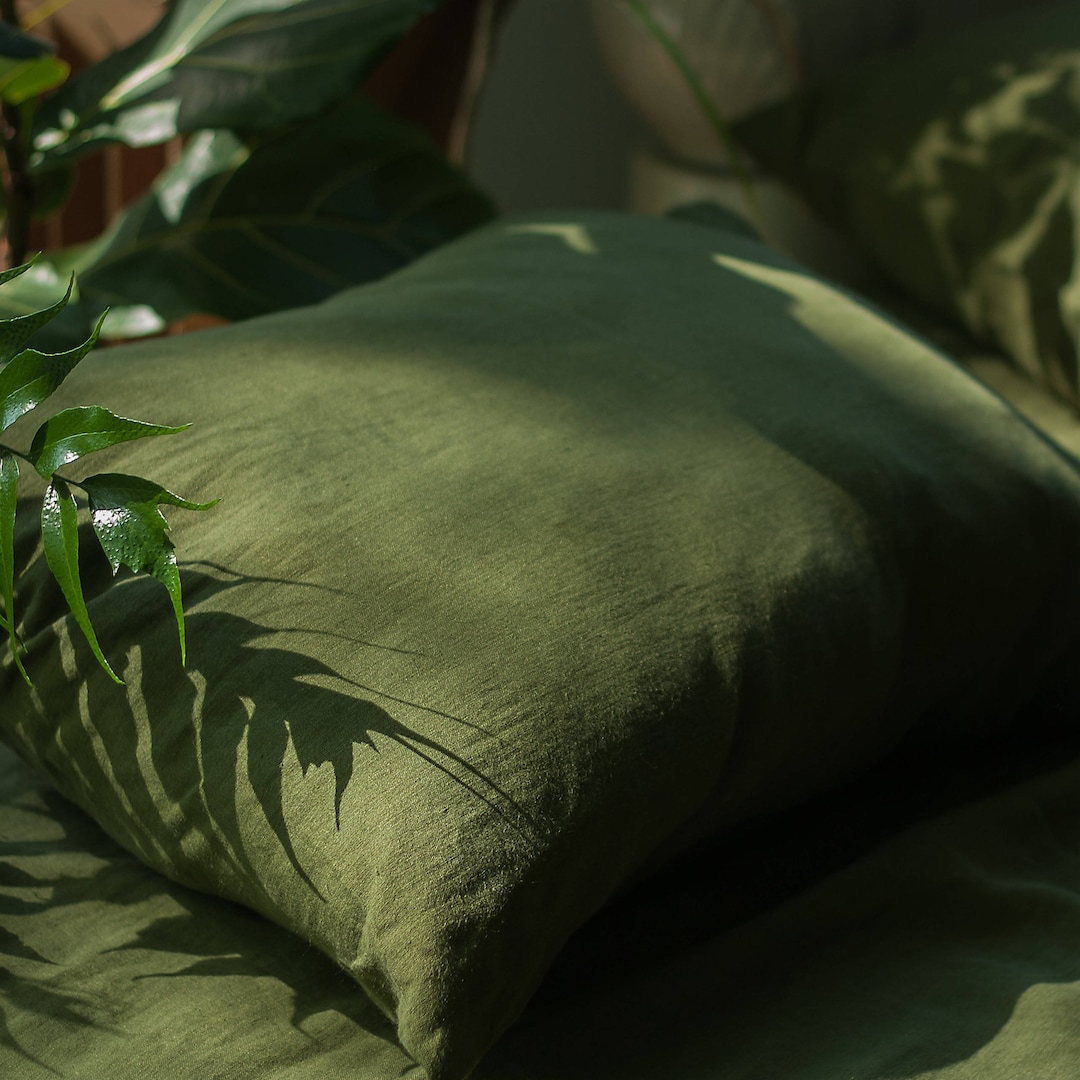 Green Linen Pillow Cover, Envelope Linen Slipcover, Body Pillowcase, Natural Linen Pillowslip