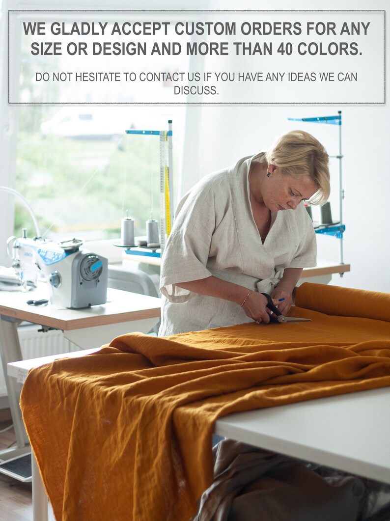 May include: A woman cuts a large piece of mustard yellow fabric with scissors. The fabric is laid out on a table in a workshop setting. The text above reads: "WE GLADLY ACCEPT CUSTOM ORDERS FOR ANY SIZE OR DESIGN AND MORE THAN 40 COLORS. DO NOT HESITATE TO CONTACT US IF YOU HAVE ANY IDEAS WE CAN DISCUSS."