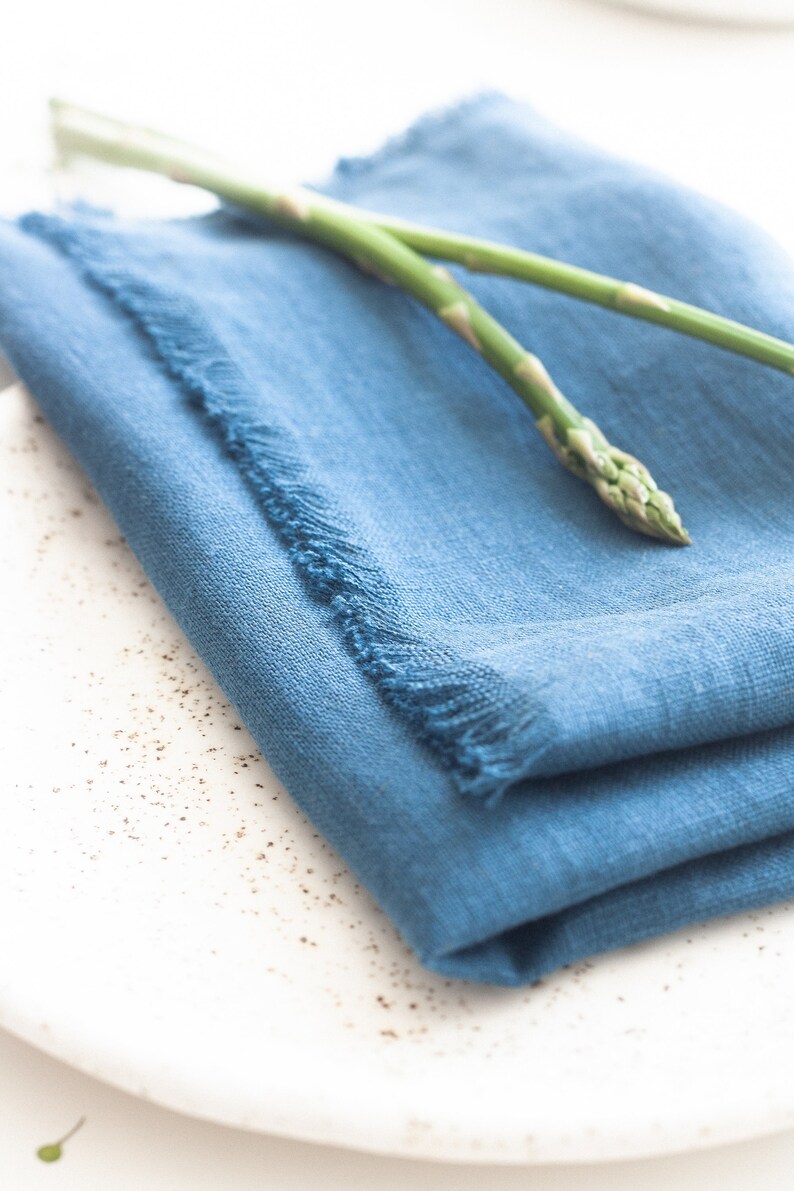 Blue Fringed Linen Napkins Set Fringed Linen Cloth Napkins Etsy