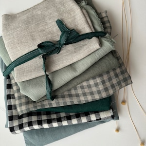 Linen Scraps Bundle Gingham Checks and Solid Colors, Natural Linen Fabric Remnants For Craft Projects. image 3