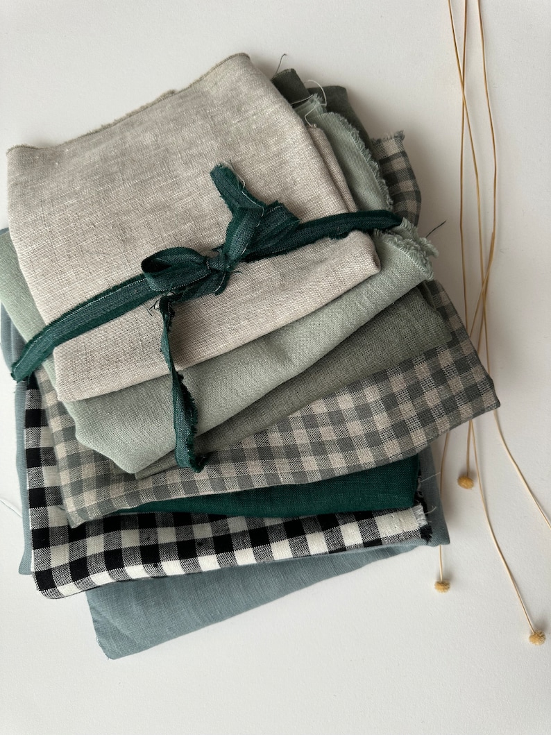 Linen Scraps Bundle Gingham Checks and Solid Colors, Natural Linen Fabric Remnants For Craft Projects. image 3