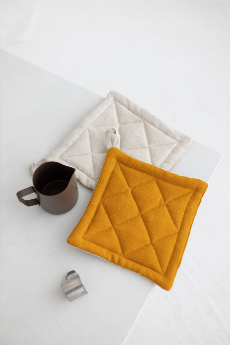 Two Sides Linen Pot Holder, Quilted Linen Pot Holders, Square pattern linen Pot Holder, Mustard Linen Potholder image 1