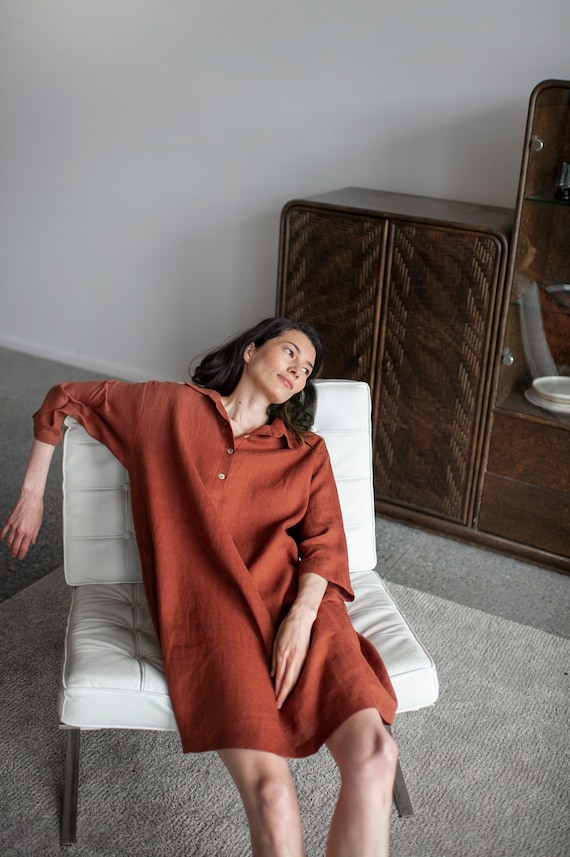 Rust Linen Shirt Dress Loose Linen Shirtdress With Buttons