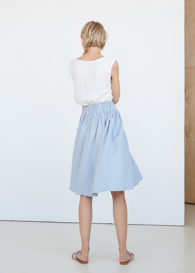 Blue Linen Skirt With Pockets Midi Linen Skirt With Elastic Etsy