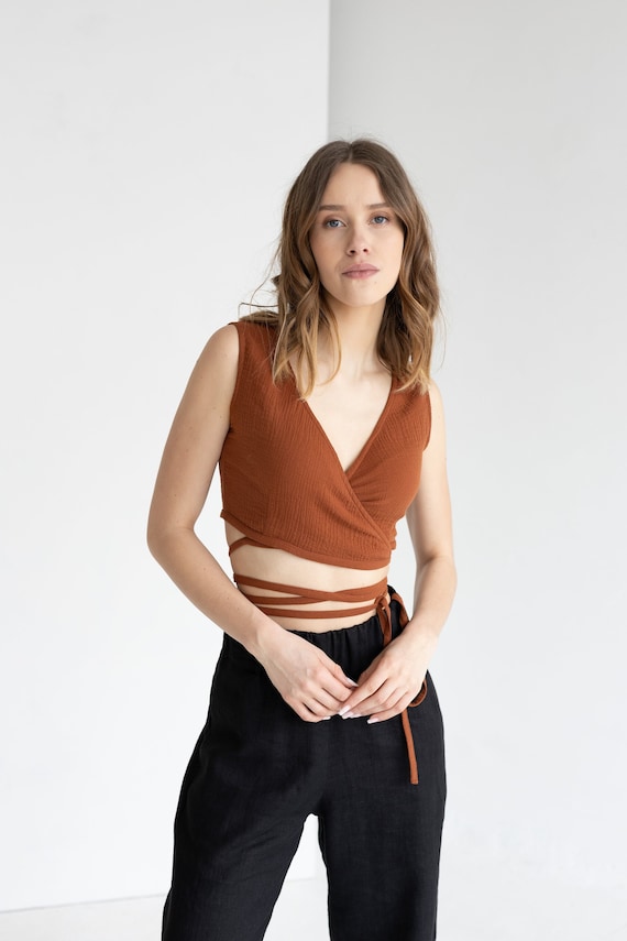 Gauze Wrap Crop Top With Tie, Sleeveless Muslin Top, Terracotta Gauze Wrap Crop Top With Tie, Sleeveless Muslin Top, Terracotta