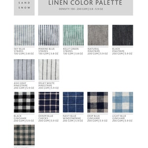 Pu&ograve; includere: Palette di colori in lino con 12 diversi campioni di tessuto. I campioni mostrano strisce, righe sottili, gingham, quadri e motivi a quadri in vari colori, tra cui blu, verde, grigio e bianco. La densit&agrave; del lino &egrave; di 130-200 g/m&sup2;, ovvero 3,8-5,9 oz.