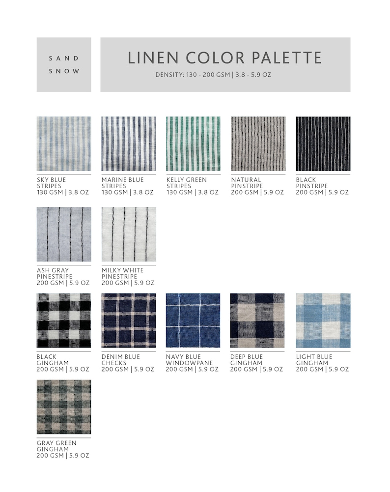 Pu&ograve; includere: Palette di colori in lino con 12 diversi campioni di tessuto. I campioni mostrano strisce, righe sottili, gingham, quadri e motivi a quadri in vari colori, tra cui blu, verde, grigio e bianco. La densit&agrave; del lino &egrave; di 130-200 g/m&sup2;, ovvero 3,8-5,9 oz.