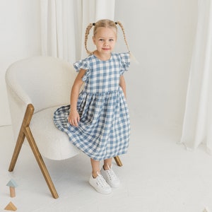 Girls Light Blue Gingham Linen Dress With Ruffles, Gingham Linen Sleeveless Dress, Toddler Linen Boho Dress,Girl's Casual Linen Summer Dress image 8