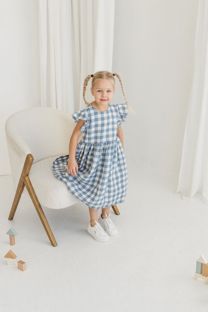 Girls Light Blue Gingham Linen Dress With Ruffles, Gingham Linen Sleeveless Dress, Toddler Linen Boho Dress,Girl's Casual Linen Summer Dress image 8