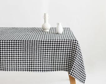 Nappe en lin Gingham noir, nappe en lin doux, nappe en lin faite à la main, réglage de la table en lin naturel, couverture de table en lin Gingham