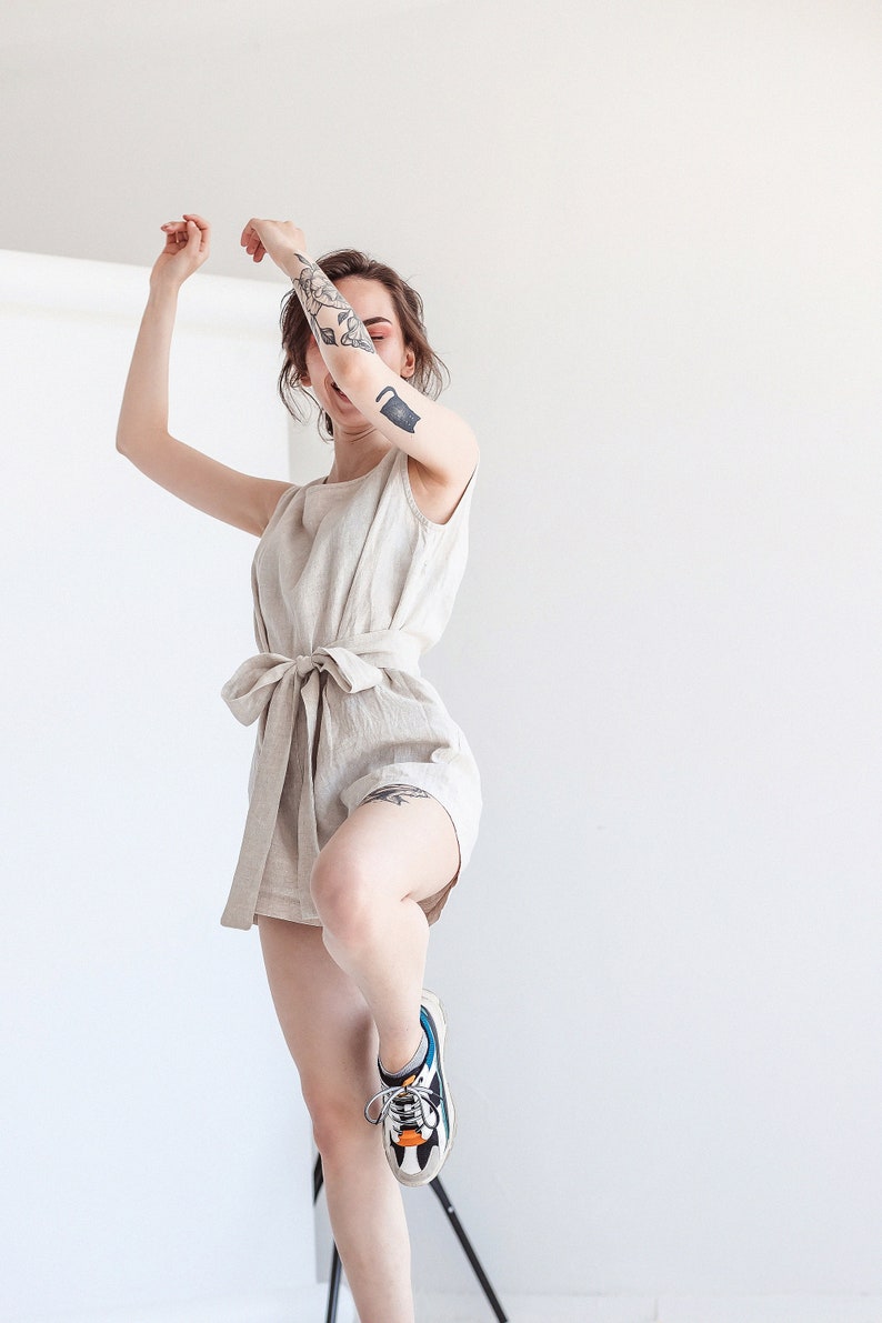 Linen Jumpsuit With Belt Short Sleeves Linen Overall Loose - Etsy