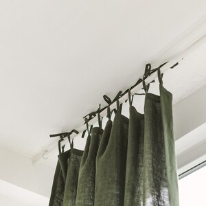 55/140 Cm Wide Dark Green Linen Curtain With Ties top, Green living room bedroom linen drape ,Custom long linen curtain, Linen window panel image 2