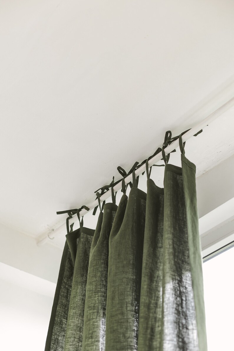 55/140 Cm Wide Dark Green Linen Curtain With Ties top, Green living room bedroom linen drape ,Custom long linen curtain, Linen window panel image 2