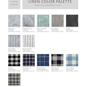 May include: Linen colour palette featuring 12 fabric swatches. The swatches showcase a range of colours and patterns, including stripes, pinstripes, gingham, and checks. The linen has a density of 130-200 GSM, which is 3.8-5.9 ounces.