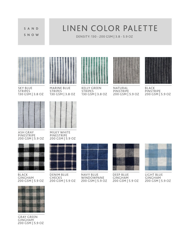 May include: Linen colour palette featuring 12 fabric swatches. The swatches showcase a range of colours and patterns, including stripes, pinstripes, gingham, and checks. The linen has a density of 130-200 GSM, which is 3.8-5.9 ounces.