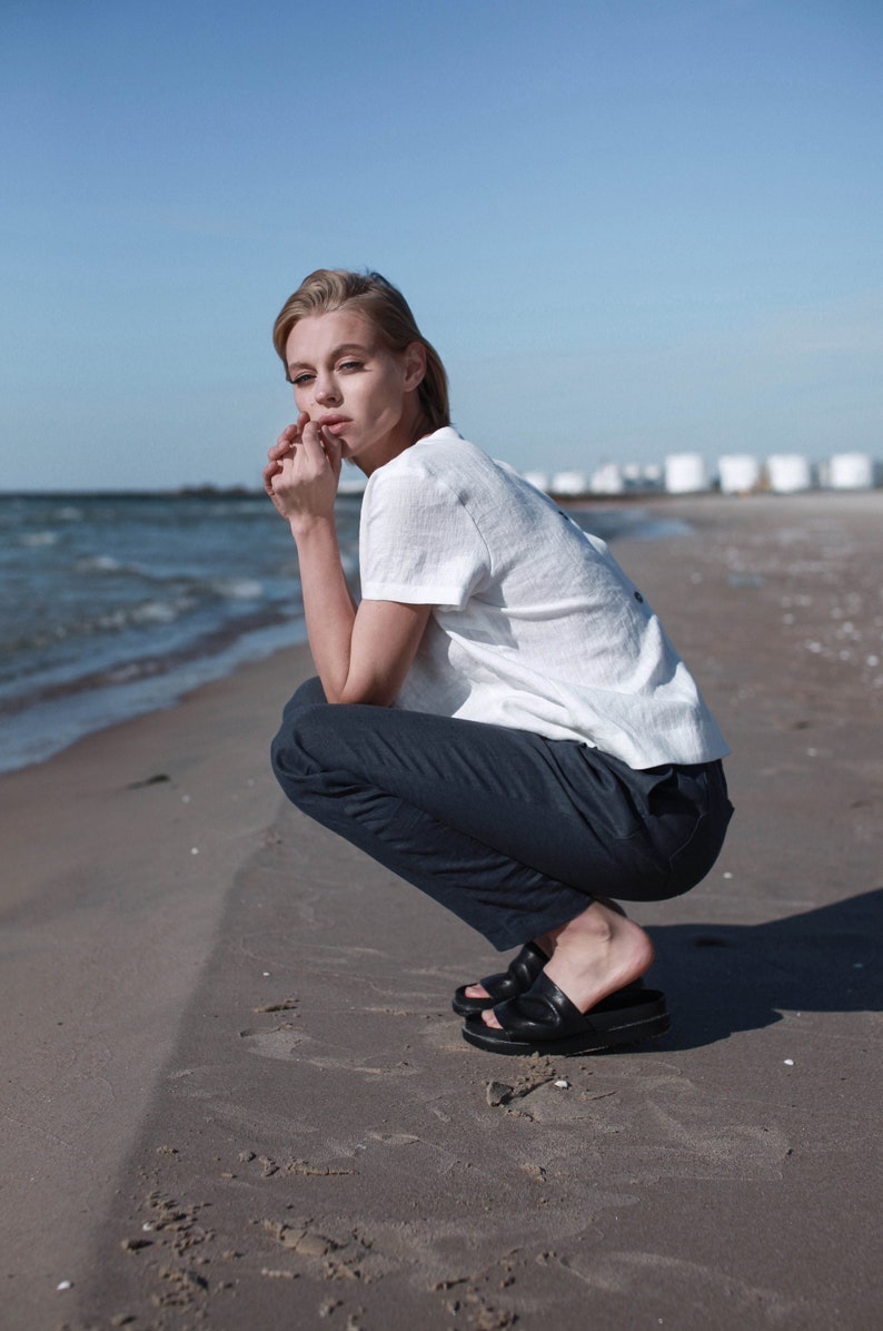 Linen Shirt With Back Buttons, Loose Summer Blouse, European Stonewashed Linen image 6