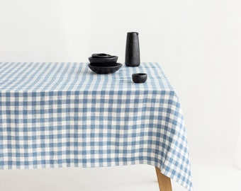 Light Blue Gingham Linen Tablecloth, Soft Linen Tablecloth, Linen Handmade Table Cloth,Natural Linen Table setting,Gingham Linen table cover