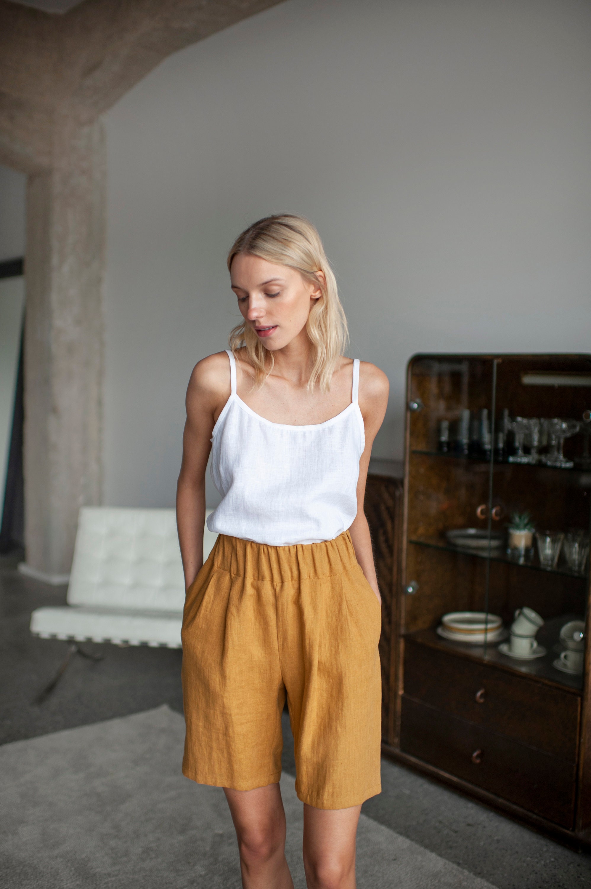 High Waisted Linen Shorts With Elastic Waistband, Linen Bermuda Shorts, High Waist Linen Shorts With Pockets, Summer Linen Shorts