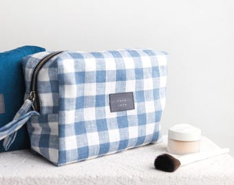 Light Blue Linen Pouch,Linen Makeup Bag, Double-Layered Linen Cosmetic Bag,Linen Makeup Pouch,Green Waterproof Travel Pouch With Zipper