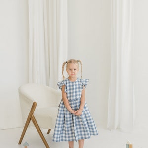 Girls Light Blue Gingham Linen Dress With Ruffles, Gingham Linen Sleeveless Dress, Toddler Linen Boho Dress,Girl's Casual Linen Summer Dress image 2