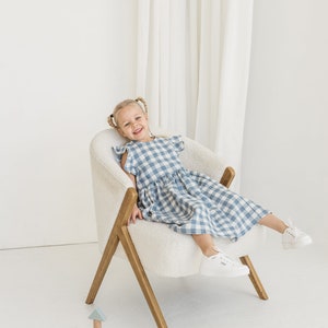 Girls Light Blue Gingham Linen Dress With Ruffles, Gingham Linen Sleeveless Dress, Toddler Linen Boho Dress,Girl's Casual Linen Summer Dress image 7