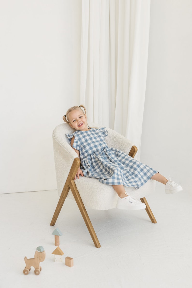 Girls Light Blue Gingham Linen Dress With Ruffles, Gingham Linen Sleeveless Dress, Toddler Linen Boho Dress,Girl's Casual Linen Summer Dress image 7