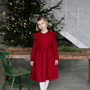 Girls Red Linen Christmas Dress With Buttons And Ribbon, Festive Linen Dress With Long Sleeves, Long Sleeve Linen Christmas Photoshoot Dress image 5
