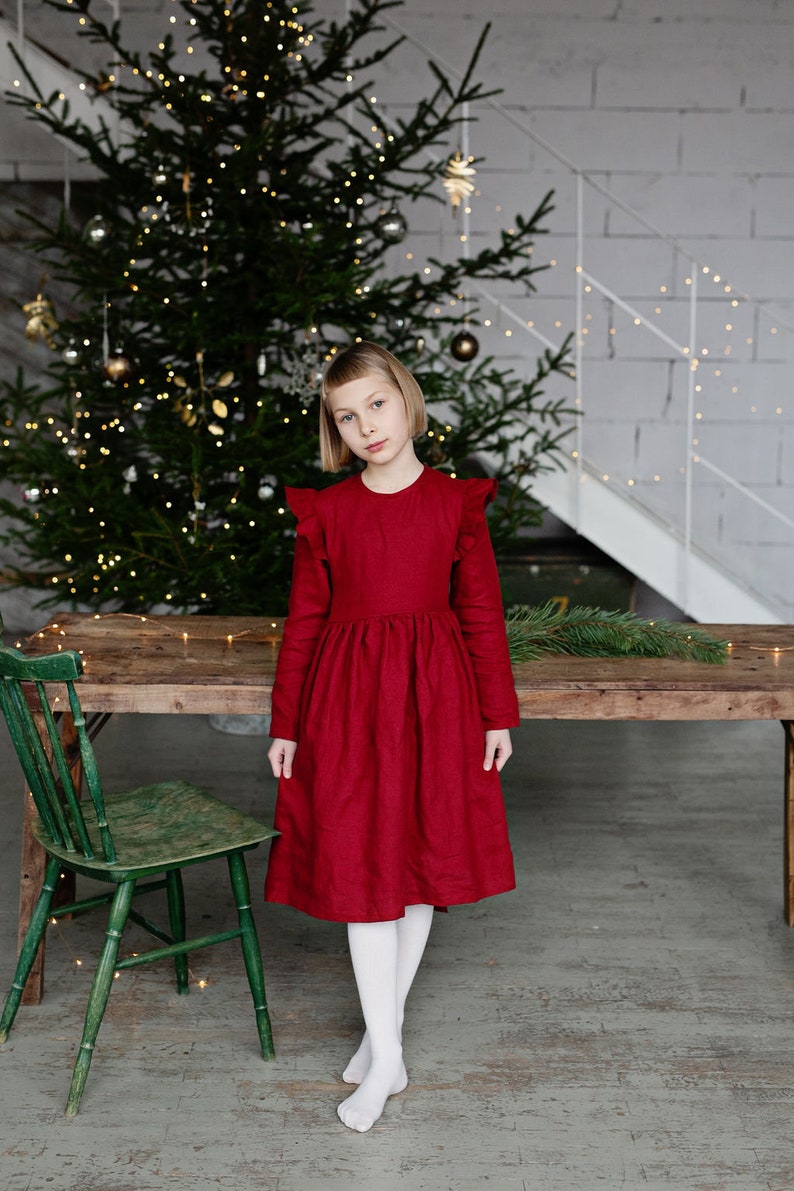 Girls Red Linen Christmas Dress With Buttons And Ribbon, Festive Linen Dress With Long Sleeves, Long Sleeve Linen Christmas Photoshoot Dress image 5