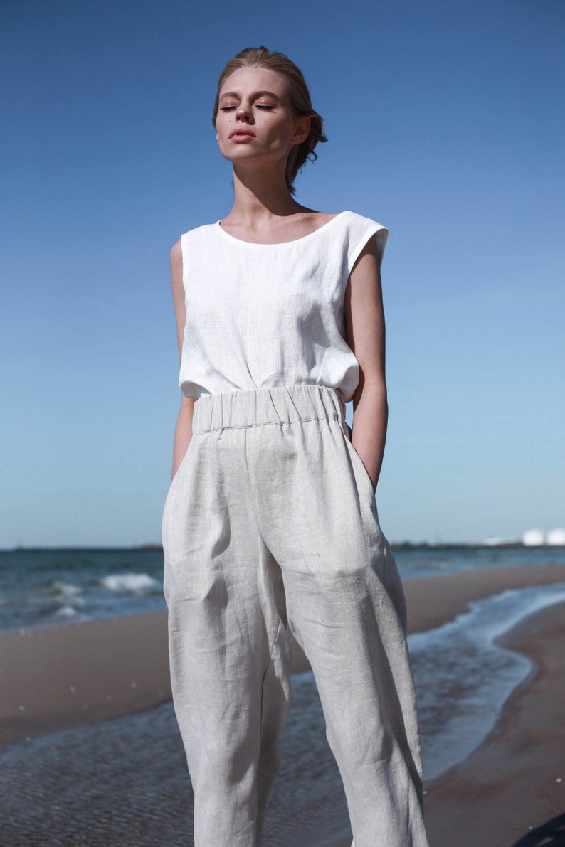 Linen Culottes With Elastic Waistband, Wide Linen Pants with Pockets, Wide Linen Trousers, Wide Leg Linen Trousers, High Waist Linen Pants image 3