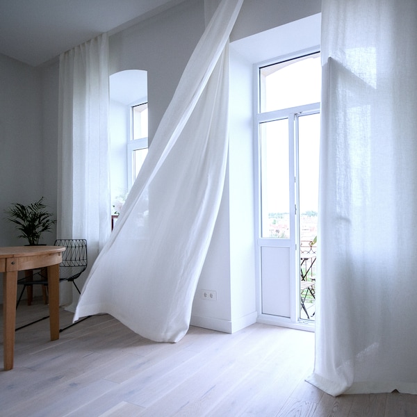 Rideau en lin large de 55"/140 cm avec dessus de cravates, rideau en lin blanc, drapé en lin personnalisé, panneau de fenêtre, rideau de salon, rideau blanc de chambre à coucher