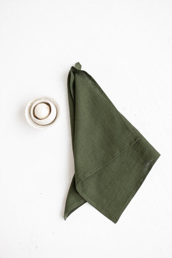 Handmade Linen tea towels with a hidden loop for hanging.