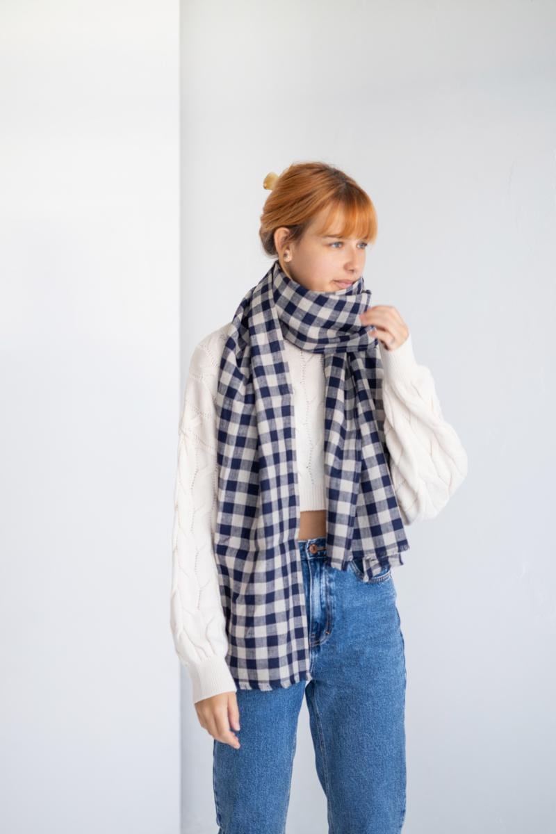 Deep Blue Gingham Linen Scarf, Unisex Checkered Fringe Scarf - Etsy
