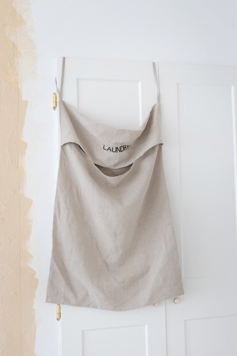 Embroidered Linen Laundry Bag, Hanging Linen Laundry Bag, Linen Laundry Door Bag, Hanging Door Laundry Bag, Reusable Laundry Bag