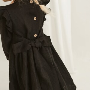 Girls Black Linen Christmas Dress With Buttons And Ribbon, Festive Linen Dress With Long Sleeves, Long Sleeve Linen Photoshoot Dress image 7