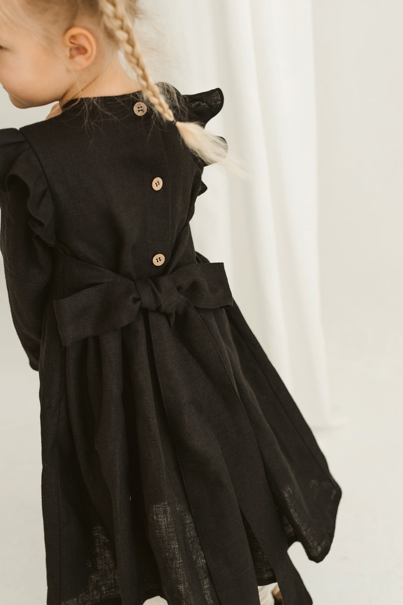 Girls Black Linen Christmas Dress With Buttons And Ribbon, Festive Linen Dress With Long Sleeves, Long Sleeve Linen Photoshoot Dress image 7