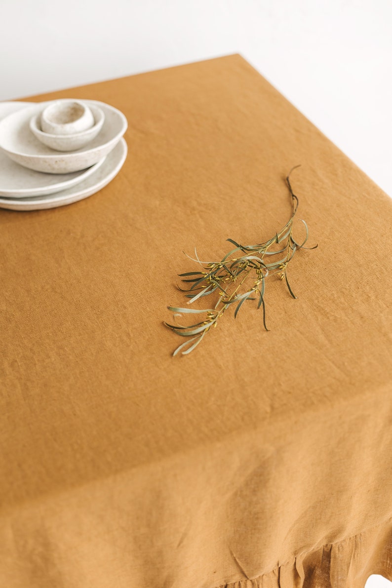 Amber Linen Tablecloth With Ruffle, Ruffled Linen Table Cloth for Wedding,Custom Size Linen Table Cover,Extra Large Linen Ruffle Tablecloth image 3