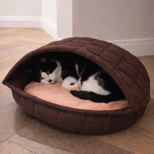 Cuccia per gatti in lino trapuntato con imbottitura in lana: cuccia per gatti in lana fatta a mano, cuccia per gatti naturale e traspirante immagine 5