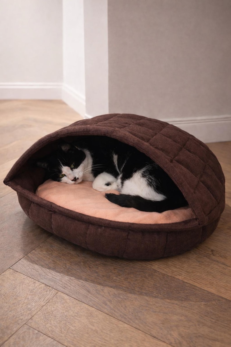 Cuccia per gatti in lino trapuntato con imbottitura in lana: cuccia per gatti in lana fatta a mano, cuccia per gatti naturale e traspirante immagine 5