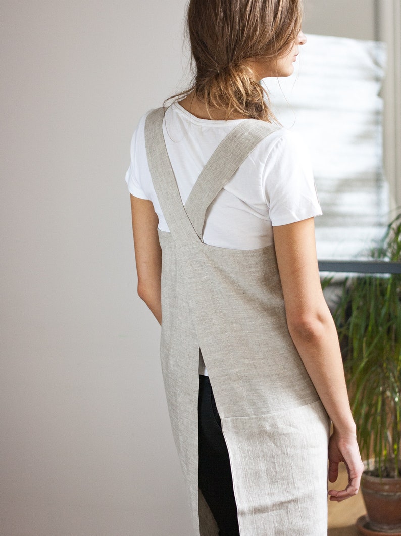 Natural Linen Pinafore with Pocket , Full Apron Linen Pinafore , Gift For Her image 3