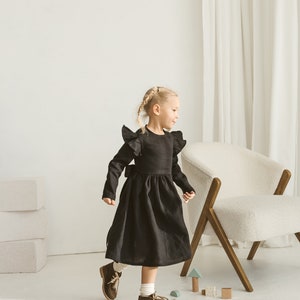 Girls Black Linen Christmas Dress With Buttons And Ribbon, Festive Linen Dress With Long Sleeves, Long Sleeve Linen Photoshoot Dress image 5