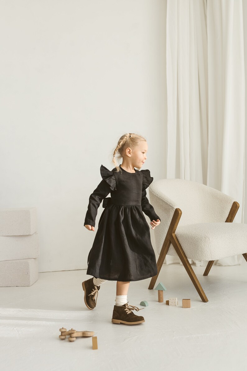 Girls Black Linen Christmas Dress With Buttons And Ribbon, Festive Linen Dress With Long Sleeves, Long Sleeve Linen Photoshoot Dress image 5