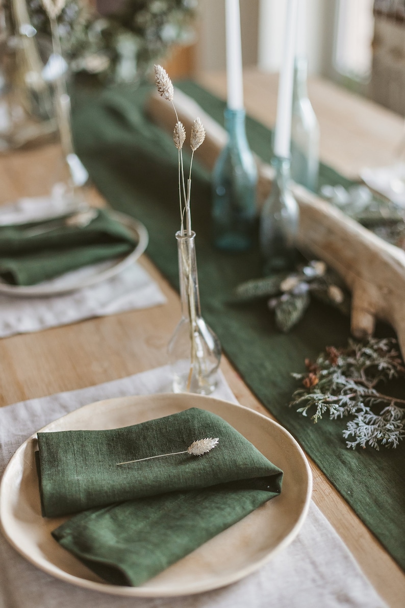 Soft Linen Table Runner,Natural Linen Table Decor,Stone Washed Table Runners,Dark Green Table Linens,Flax,Softened Table Runner,Linen Gift image 4