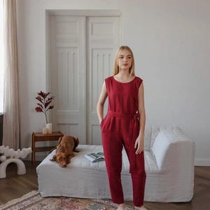 Linen Jumpsuit With Belt, Loose Fit Linen Jumpsuit With Hidden Pockets, Short Sleeves Linen Overall image 9