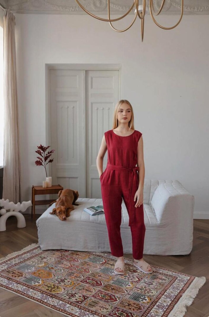 Linen Jumpsuit With Belt, Loose Fit Linen Jumpsuit With Hidden Pockets, Short Sleeves Linen Overall image 9