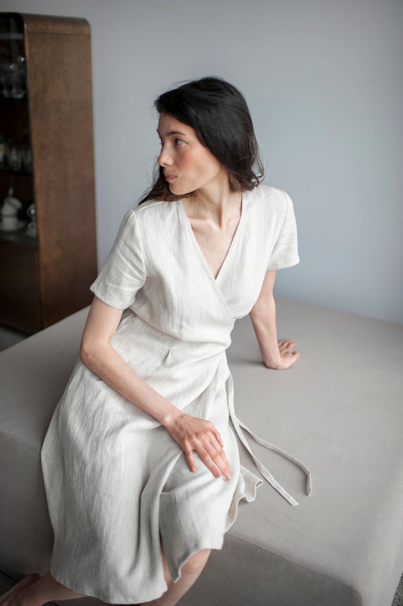 chinese dress ladies Chardon VNeck Midi Short Sleeve Tailored Cream Linen Wrap Dress main image 0