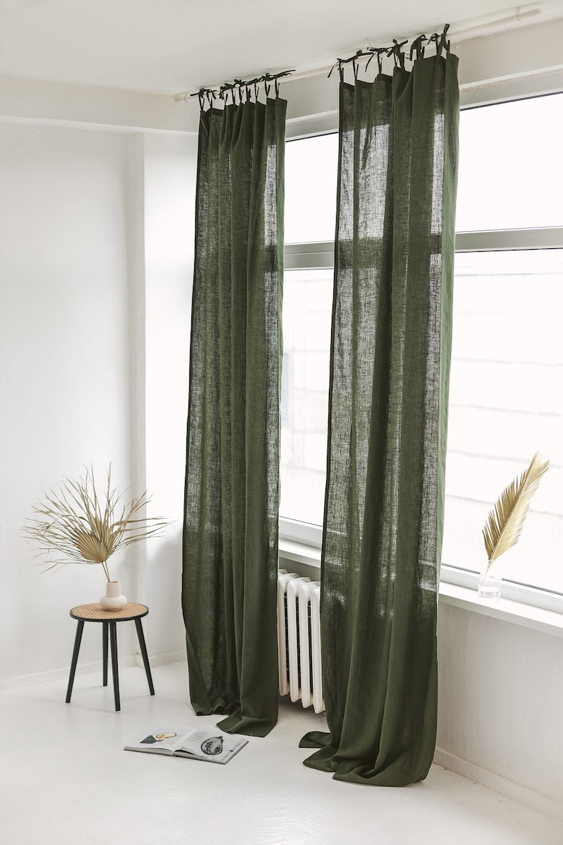 55/140 Cm Wide Dark Green Linen Curtain With Ties top, Green living room bedroom linen drape ,Custom long linen curtain, Linen window panel image 1