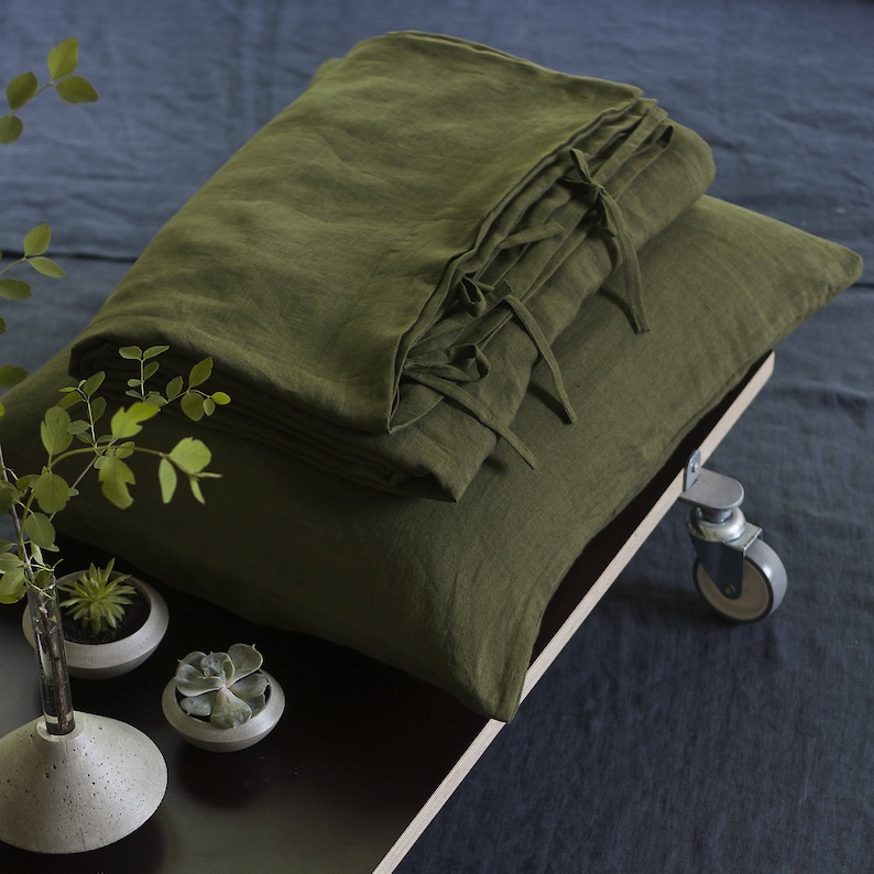 Linen Duvet Cover and Pillowcases,Linen Bedding Set,Washed Linen Bedding,Pure Linen Bedding,Linen Shams,Custom Size Bedding,Green Bed Linen image 3